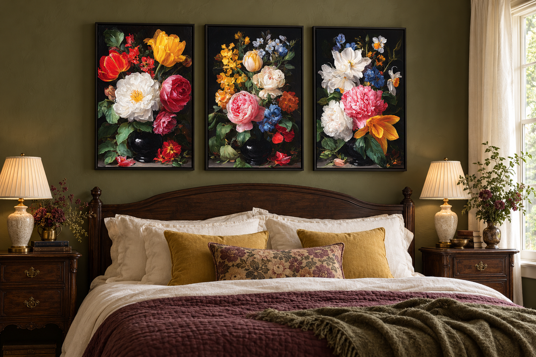 Set of 3 dark academia vintage botanical floral canvas prints hanging above a bed in a bedroom.