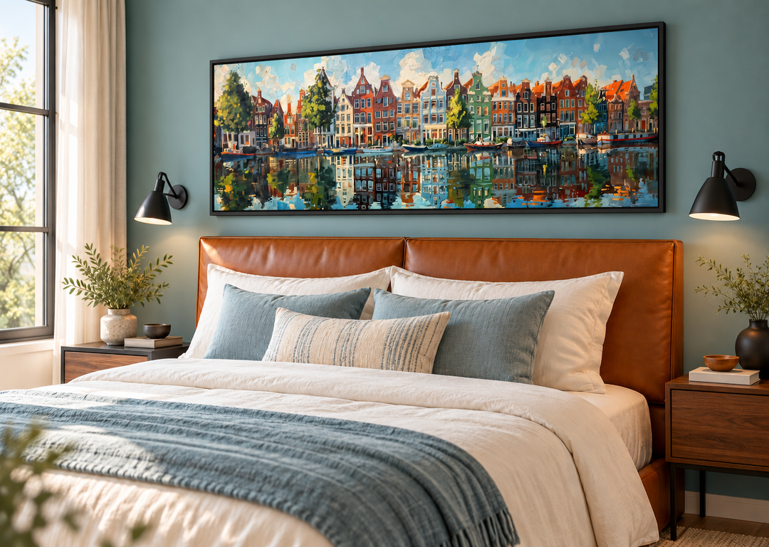 Dutch Houses And Canal Panoramic Framed Canvas Wall Art