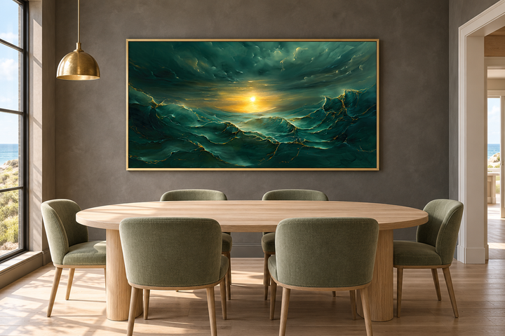 Abstract emerald green and gold ocean wave framed canvas art above a wooden dining table.