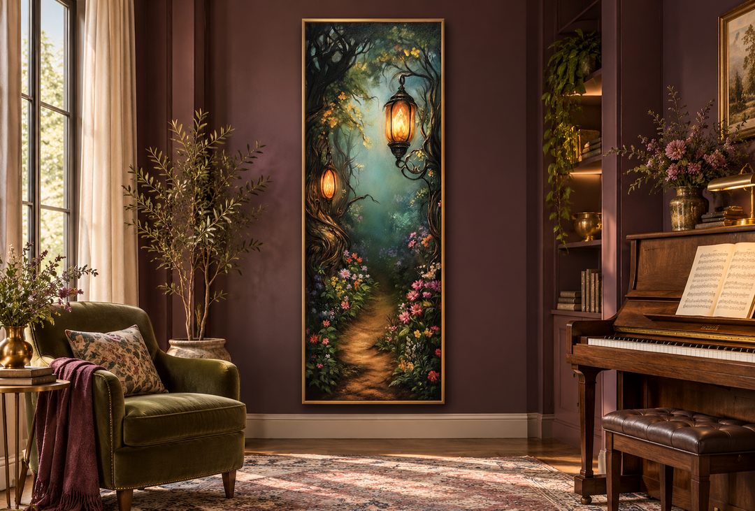 Tall narrow wall art of an enchanted forest pathway with glowing lanterns in a gold frame.