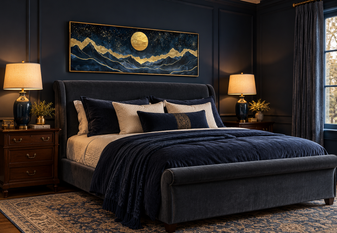 Gold and navy moon mountain landscape canvas print above a bed in a dark blue bedroom.