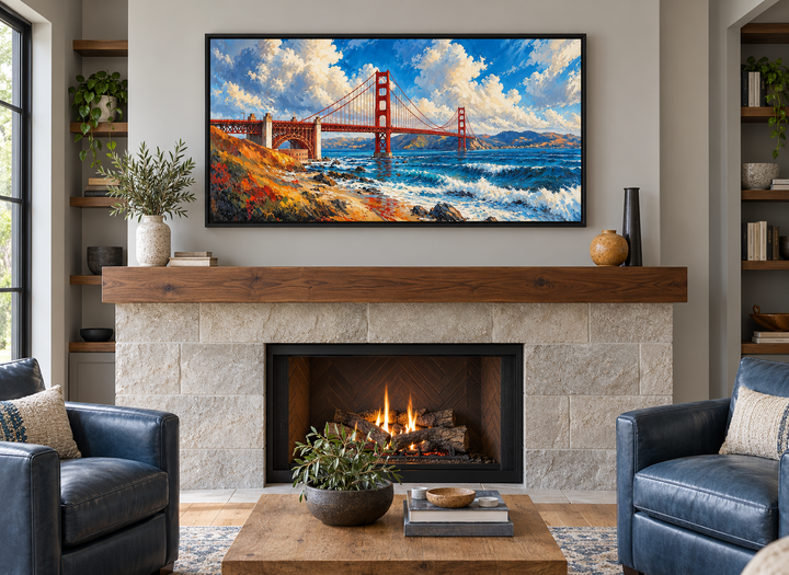 Framed oil painting of the Golden Gate Bridge above a stone fireplace in a modern living room.