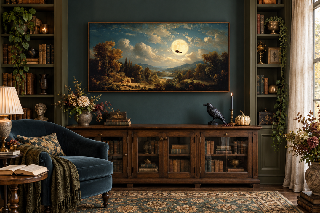 Hexe auf Besen – Halloween-Wandbild – Gotische Vollmondlandschaft