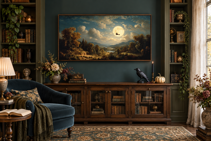Hexe auf Besen – Halloween-Wandbild – Gotische Vollmondlandschaft