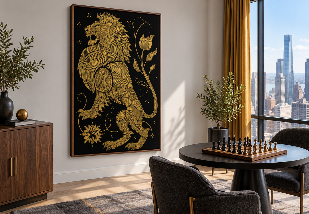 Heraldic lion wall art in black and gold canvas print, framed in a modern room with a chess set.
