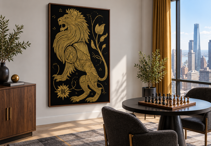 Heraldic lion wall art in black and gold canvas print, framed in a modern room with a chess set.