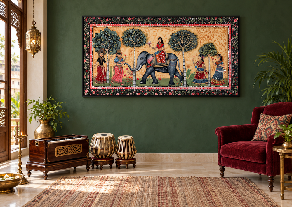 Framed Madhubani style canvas wall art featuring an Indian elephant and women in a green room.
