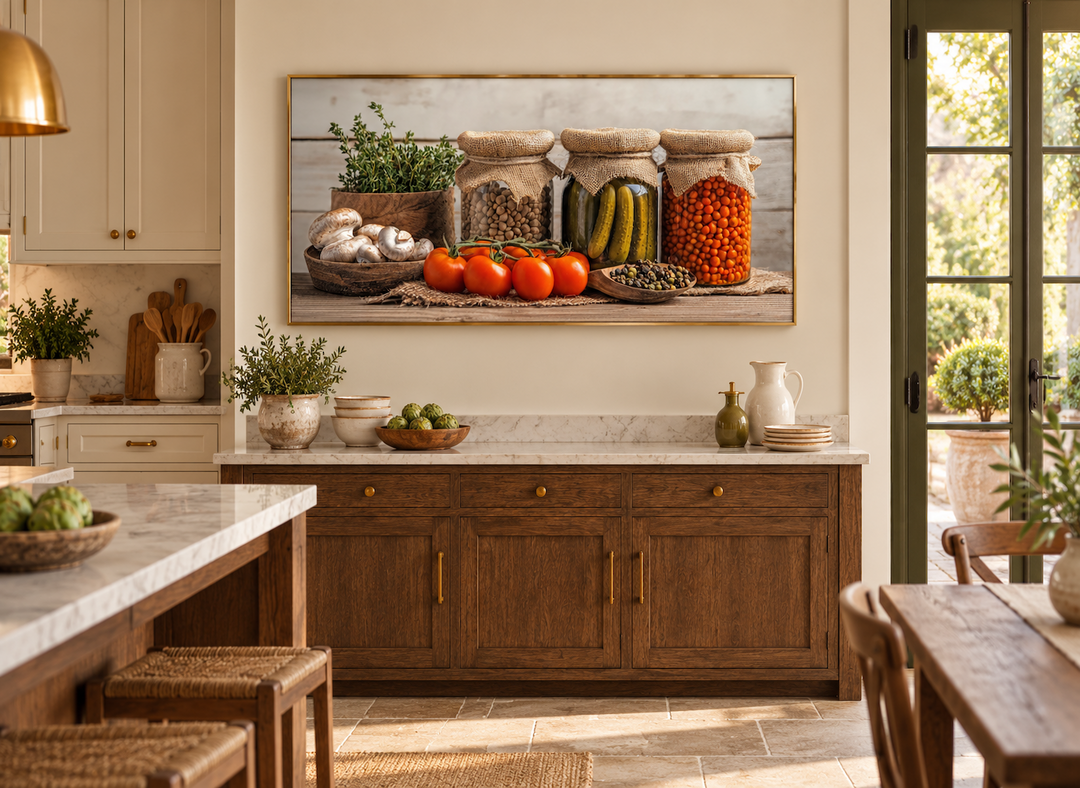 Spices and pickles framed canvas wall art featuring jars, herbs, and tomatoes in a rustic kitchen.