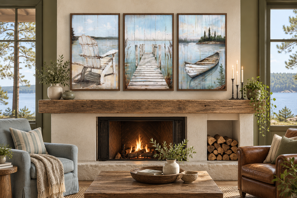 Set of 3 rustic lake house wall art featuring a fishing dock, old boat, and Adirondack chair.