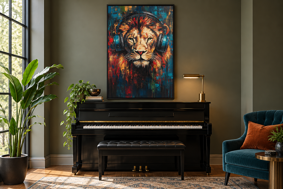 Lion DJ with headphones framed wall art hanging above a black piano in a modern music room.
