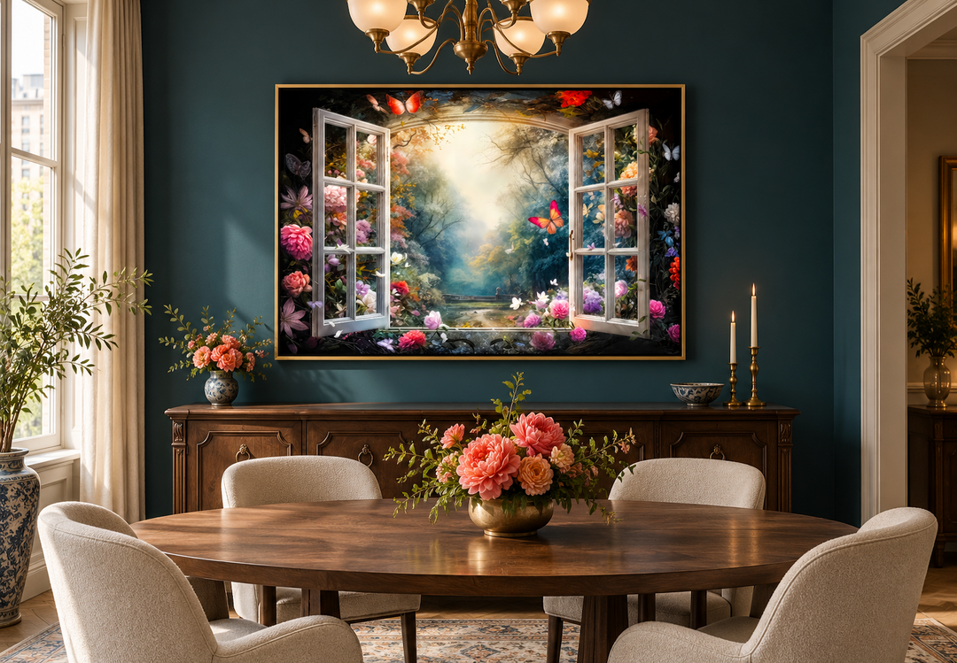Enchanted forest view from an open window wall art in a gold frame above a dining room sideboard.