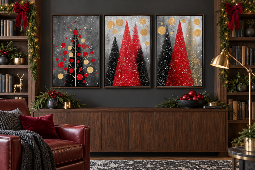 Set of 3 modern Christmas canvas prints featuring red, black, and gold holiday trees on a dark wall.