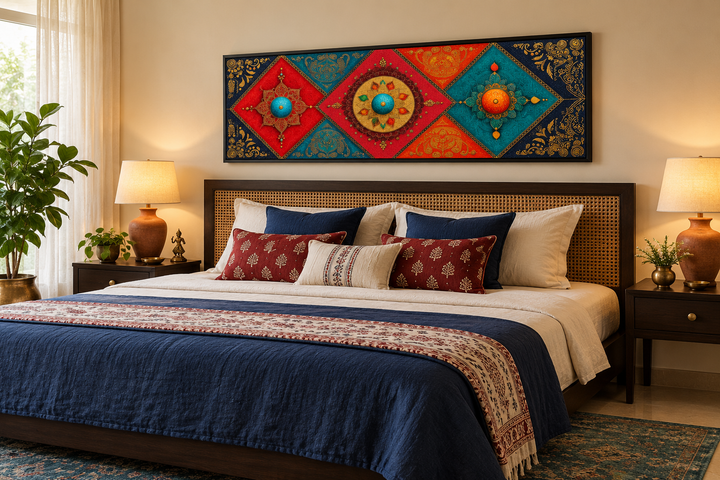 Modern long horizontal Indian canvas wall art with colorful diamond patterns above a bed.