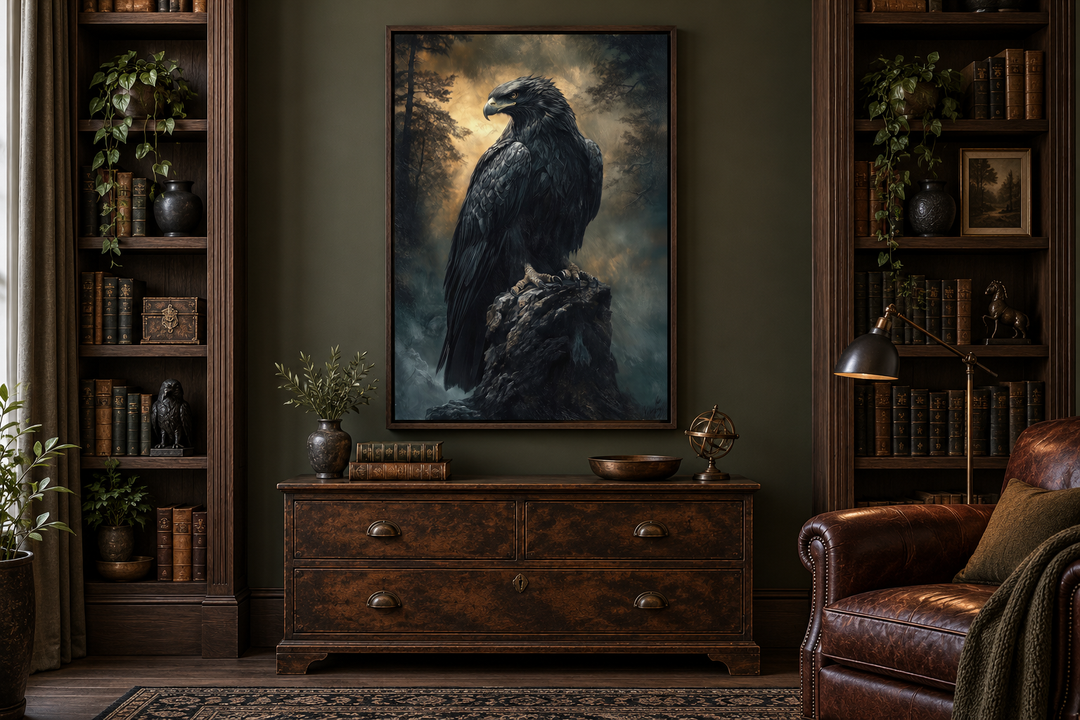 Moody dark gothic eagle framed canvas wall art hanging in a dark library with vintage bookshelves.