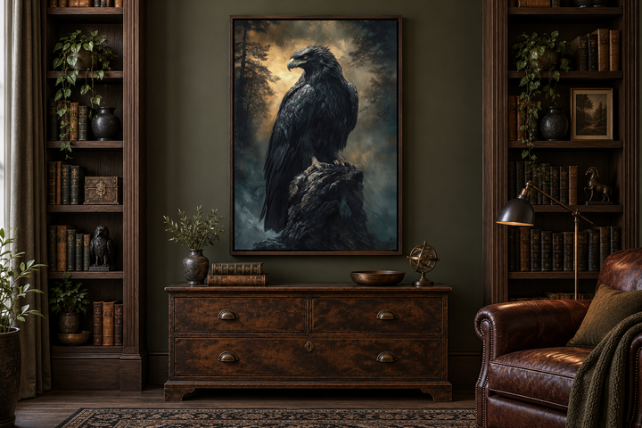 Moody dark gothic eagle framed canvas wall art hanging in a dark library with vintage bookshelves.