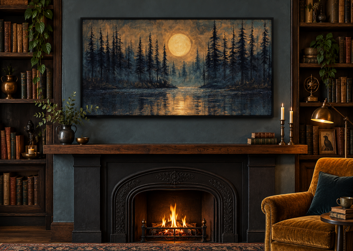 Moody moon over pine forest and lake at night wall art above a fireplace in a dark library.