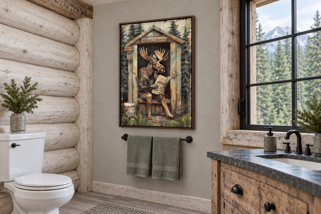 Moose in a rustic outhouse reading a newspaper wall art in a log cabin bathroom.