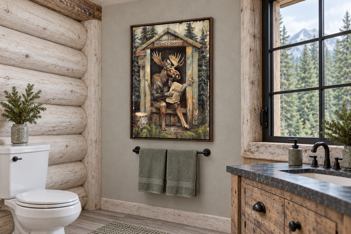 Moose in a rustic outhouse reading a newspaper wall art in a log cabin bathroom.