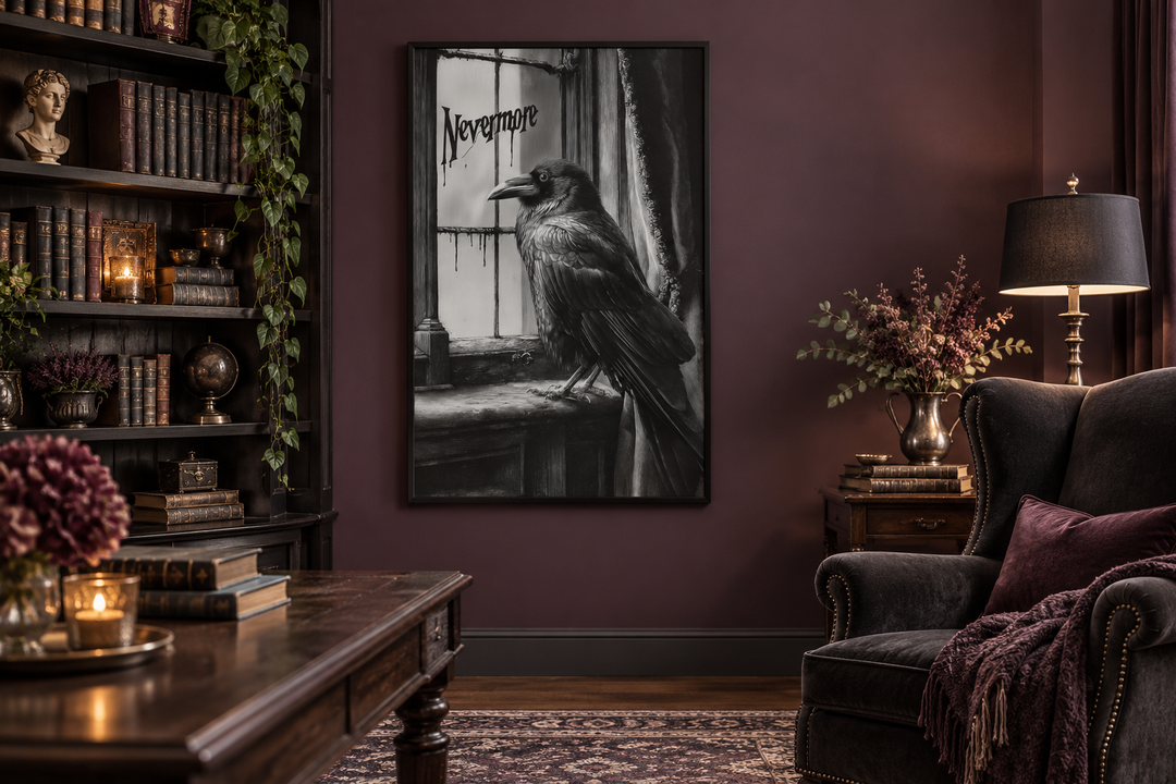 Framed Nevermore raven wall art in a dark academia library with a velvet chair and bookshelves.