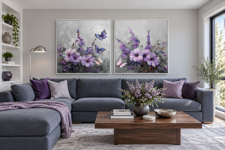 Set of 2 light purple floral prints with lavender blossoms and butterflies in a modern living room.
