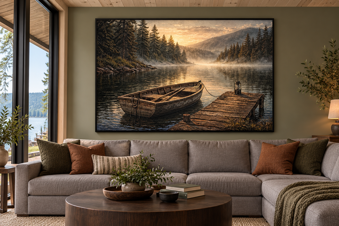 Rustic rowboat wall art on canvas above a gray sectional in a lakehouse living room.