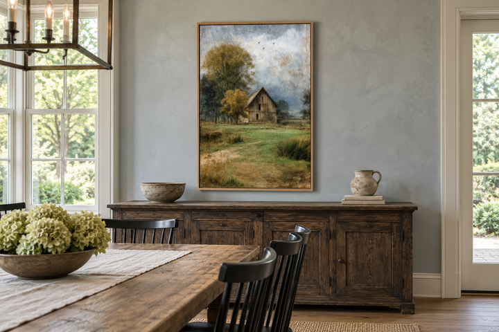 Rustic farmhouse wall art canvas print of a weathered barn in a peaceful countryside landscape.