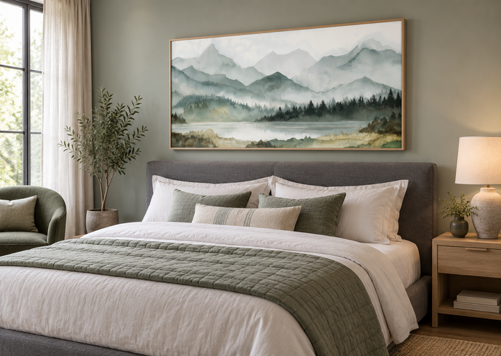 Sage green mountain lake landscape framed canvas wall art hanging above a bed in a bedroom.