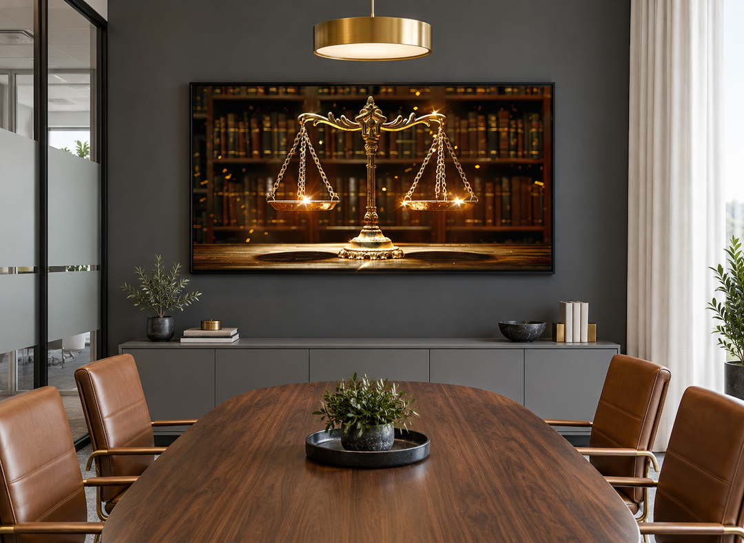 Framed canvas print of golden scales of justice on a dark wall in a modern law office conference room