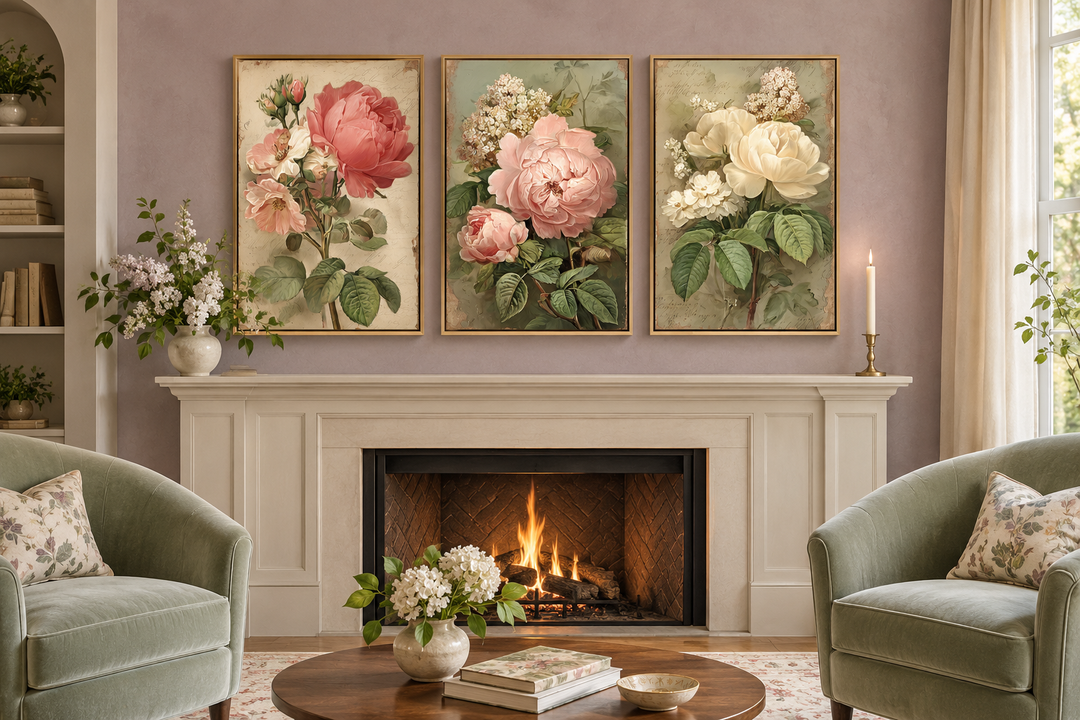 Set of 3 vintage rose botanical wall art prints in gold frames above a fireplace.