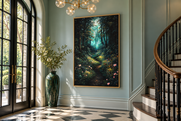 Enchanted forest framed canvas wall art with mystical lights in a gold frame on a light blue wall.