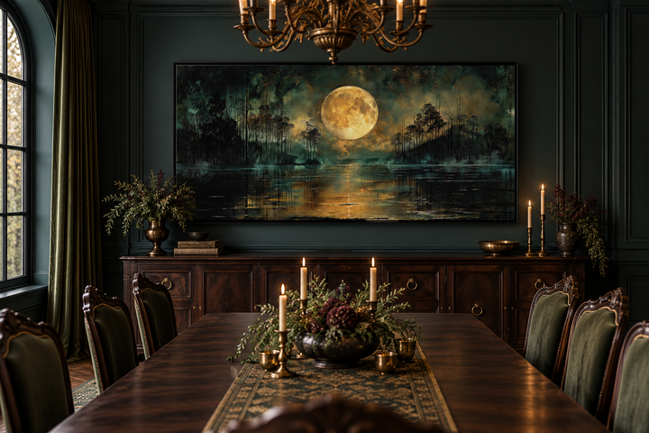 Moody night lake canvas print with a full yellow moon hanging in a dark gothic dining room.