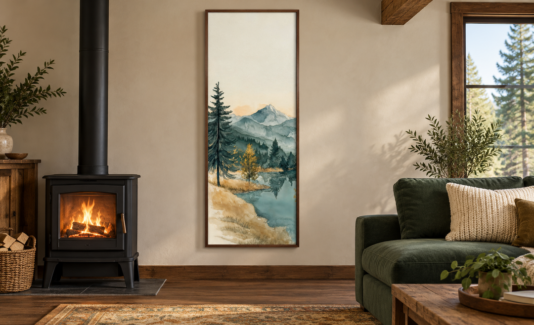 Toile murale verticale haute et étroite représentant un lac de montagne.