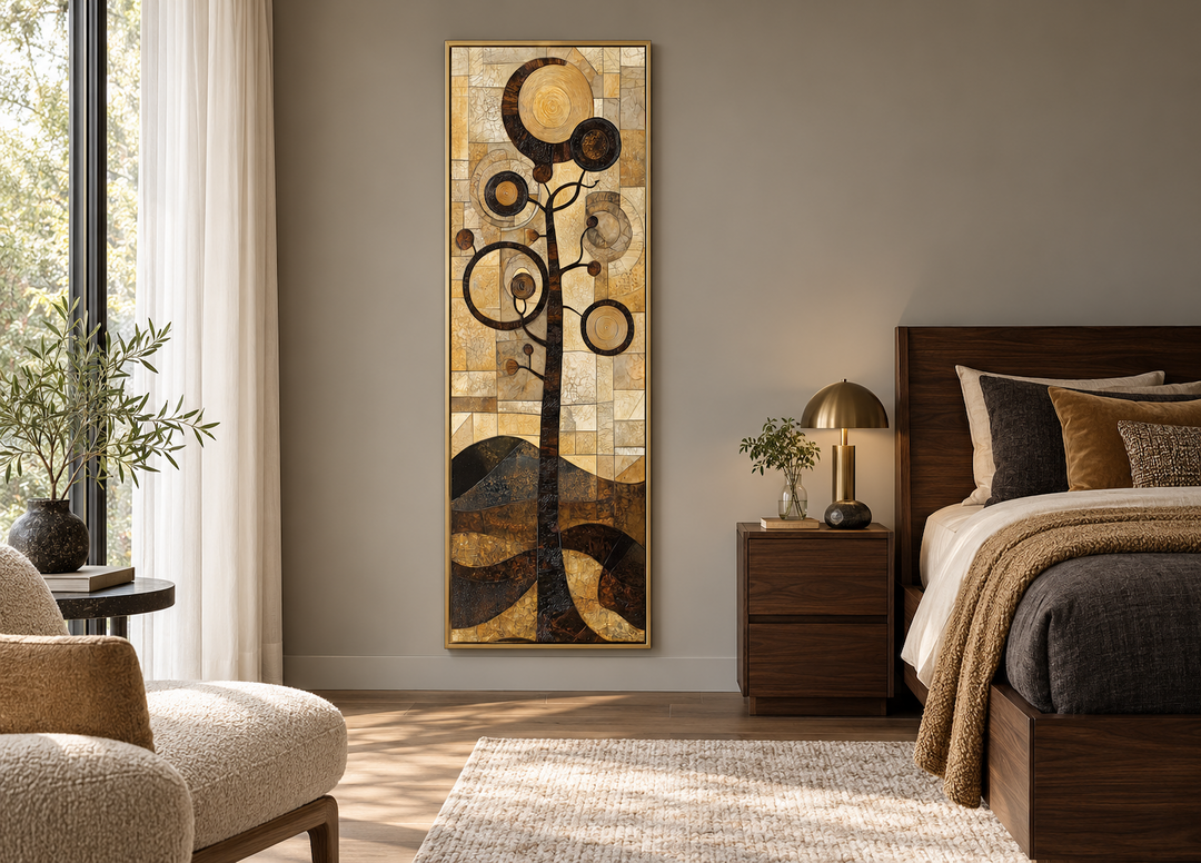 Tall vertical mid-century modern canvas wall art featuring a geometric tree in gold and black.