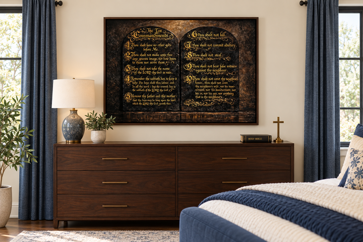 Dark Gold Ten Commandments Christian wall art in a walnut frame above a bedroom dresser.