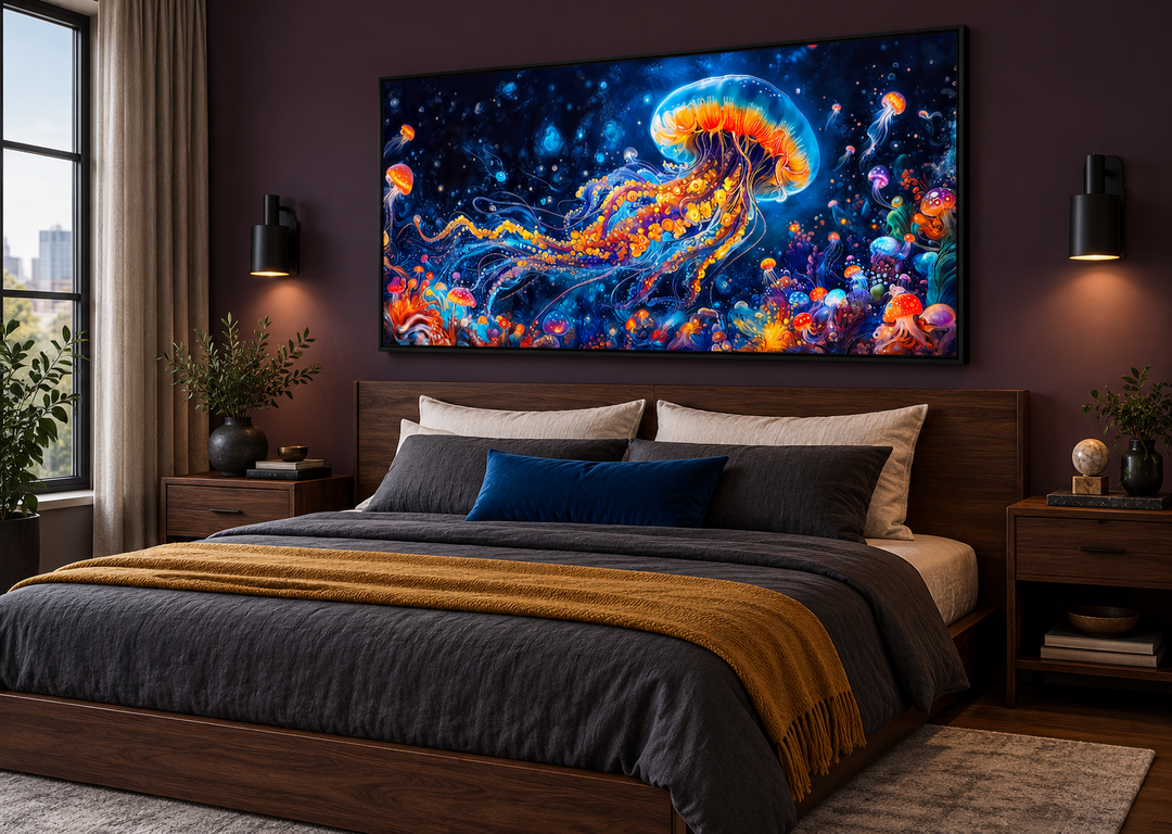 Underwater scene with trippy jellyfish framed canvas wall art above a bed in a modern bedroom.