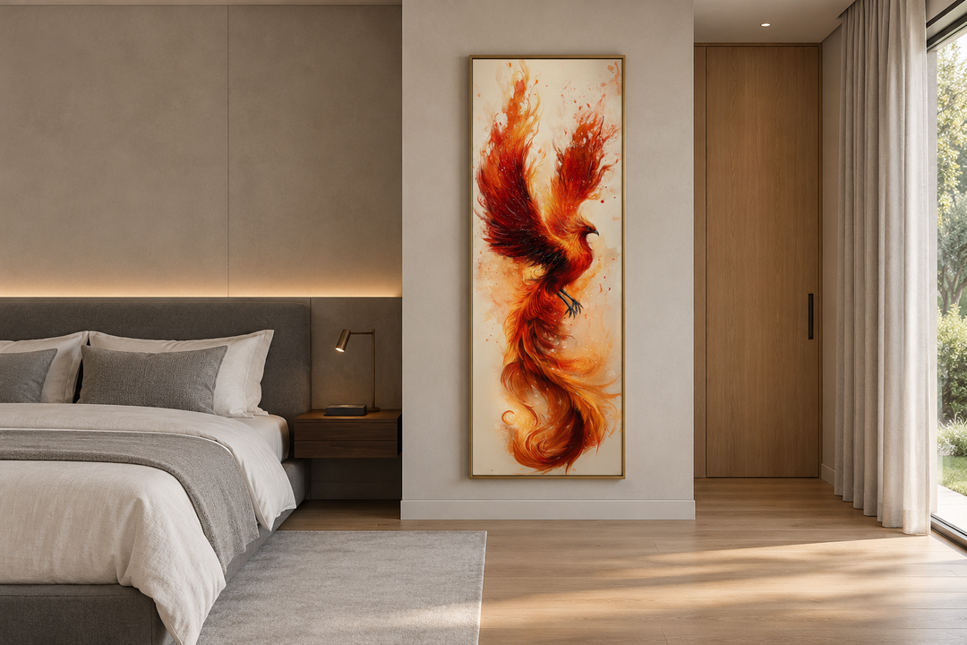 Tall narrow framed canvas wall art of a fiery orange and red phoenix in a modern bedroom.