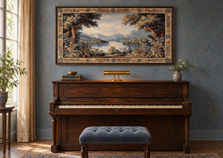 Antique River Landscape Framed Tapestry Canvas Wall Art hanging above a dark wood upright piano.