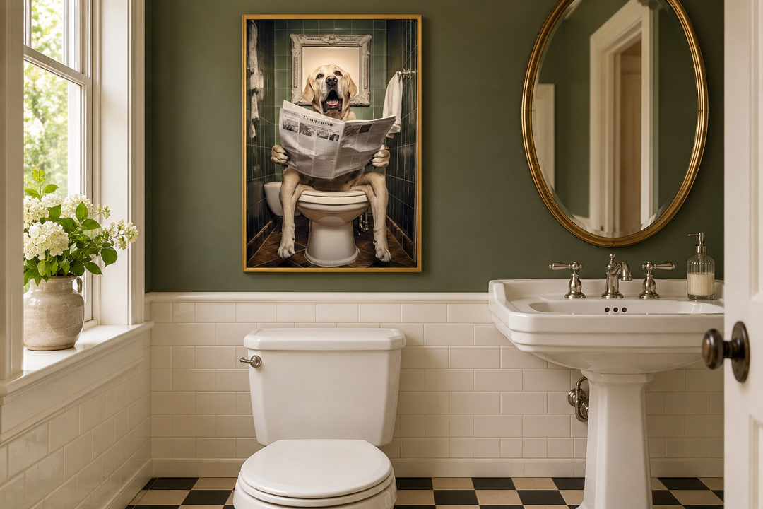 Framed wall art of a white Labrador Retriever sitting on a toilet reading a newspaper in a bathroom.