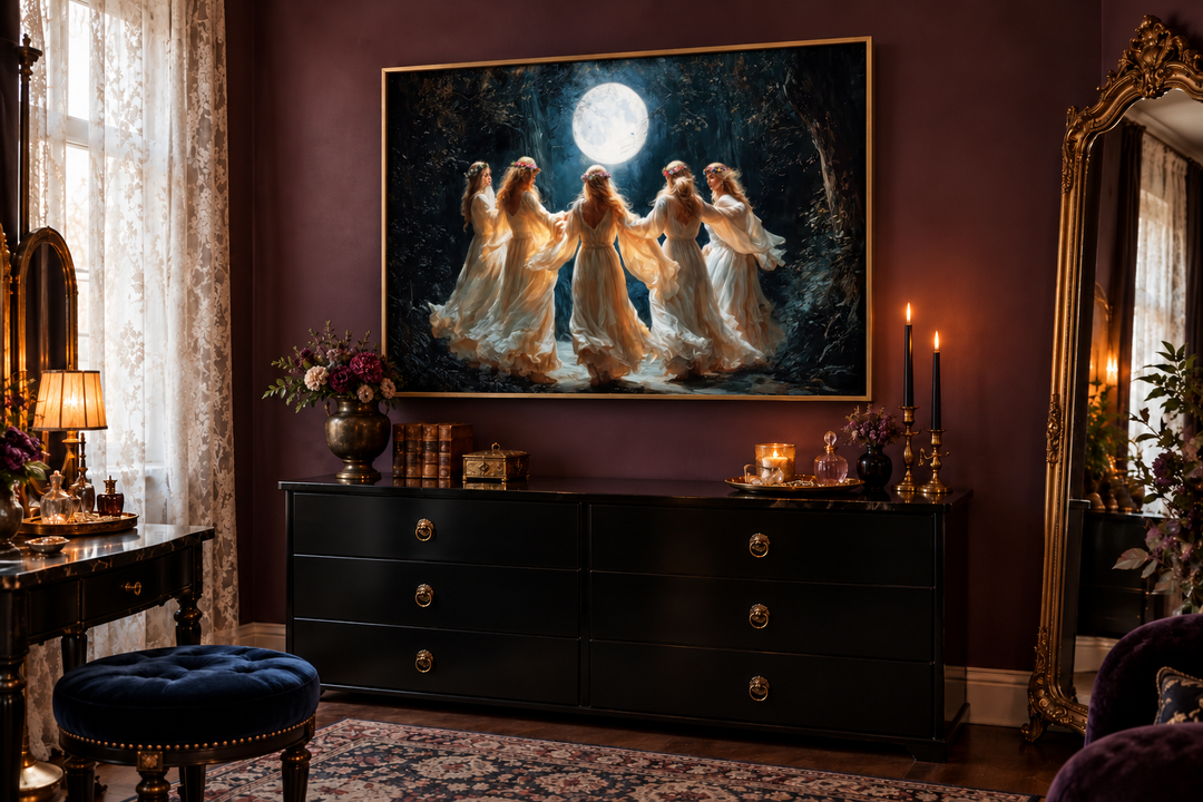 Framed canvas art of five women in white robes dancing in a circle under a full moon in a forest.