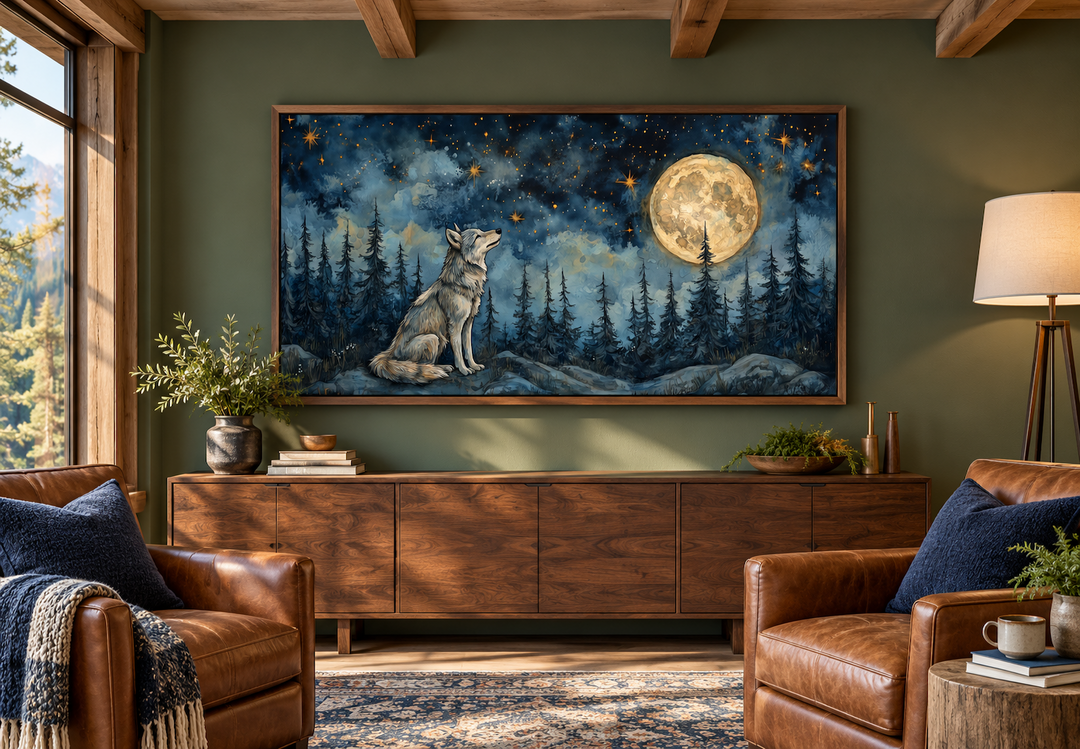Wolf wall art canvas featuring a wolf under a full moon in a night forest, rustic cabin decor.