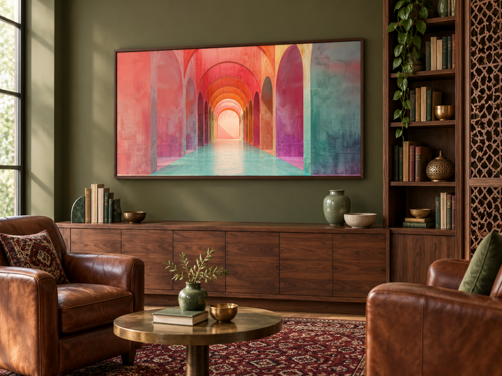 Mediterranean Archways wall art in pink and green tones framed above a walnut console in a library.