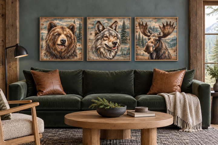 Set of three framed wildlife canvas prints featuring a bear, wolf, and moose in a rustic living room.