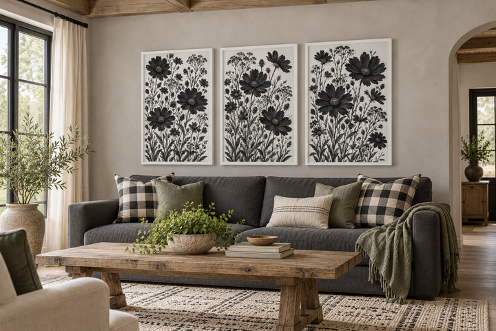 Set of 3 black and white wildflower canvas prints in white frames above a charcoal sofa.