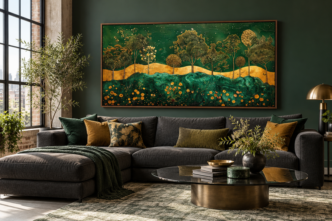 Emerald green and gold Art Nouveau framed canvas print with tree motif above a dark grey sectional.