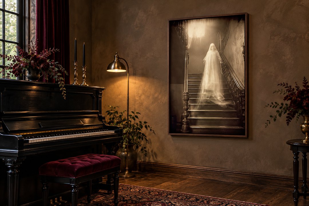 Framed canvas wall art of a ghostly figure on a staircase in a moody, dark music room.