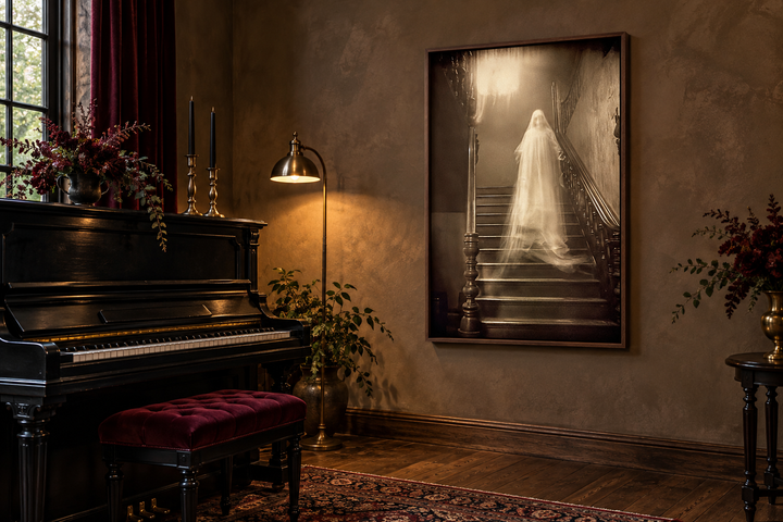 Framed canvas wall art of a ghostly figure on a staircase in a moody, dark music room.