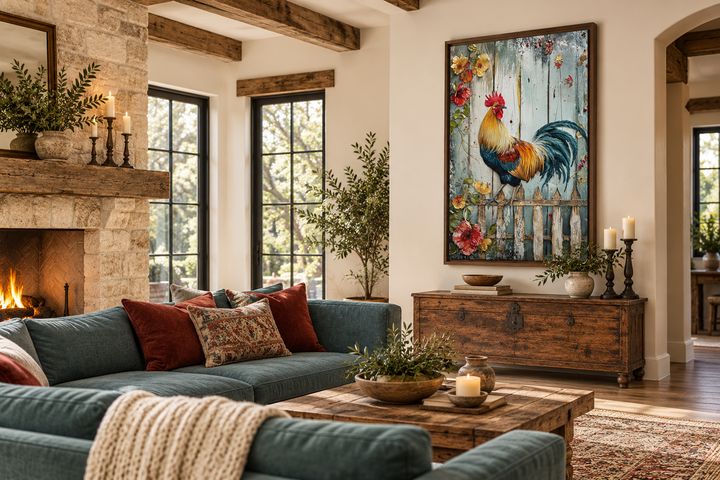 Rooster on a fence rustic farmhouse framed canvas wall art in a cozy living room setting.