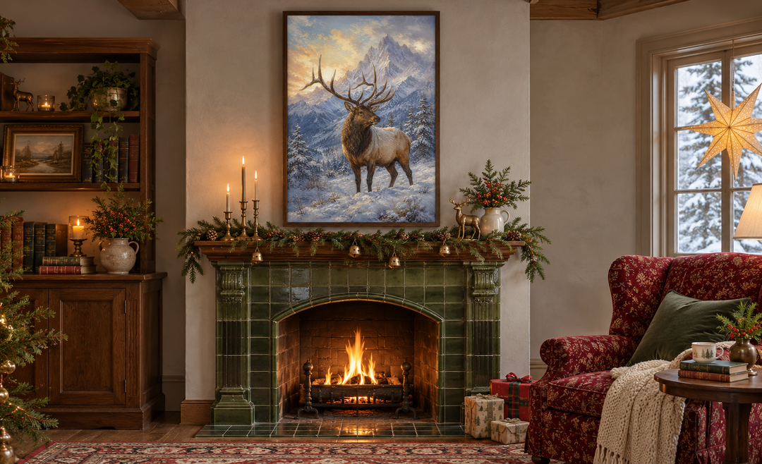 Elk in Snowy Mountains Framed Canvas Wall Art hanging above a fireplace in a cozy winter room.