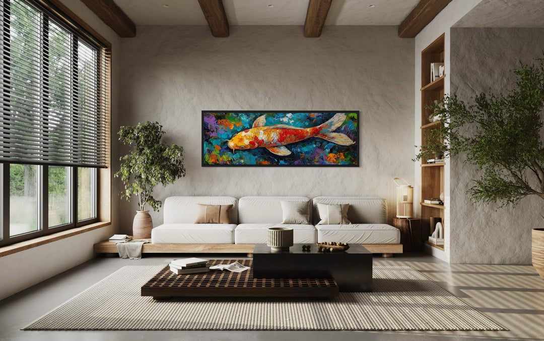 Colorful Koi Fish Long Narrow Framed Canvas Wall Art in living room