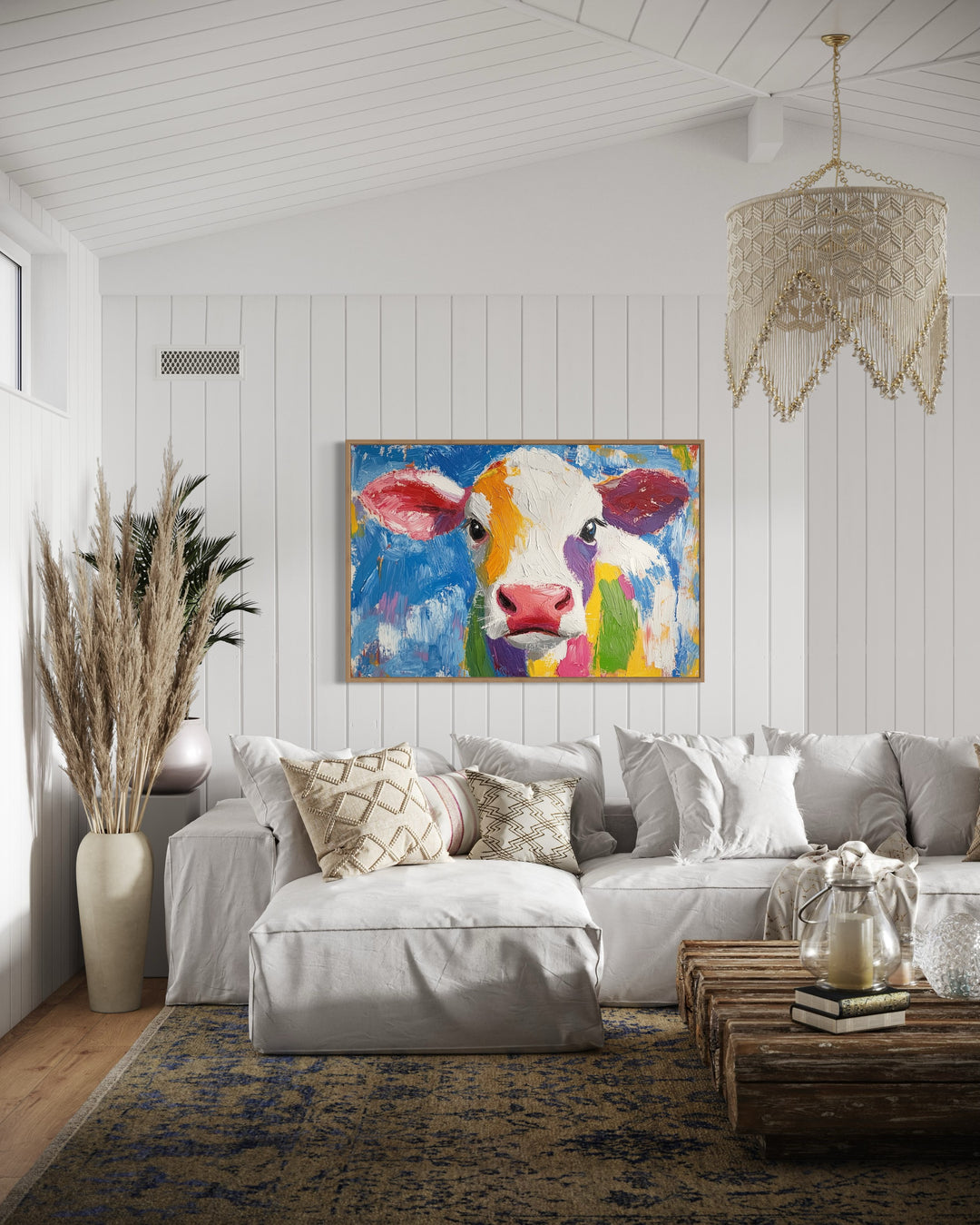 Colorful Farmhouse Cow Framed Canvas Wall Art in rustic chic living room